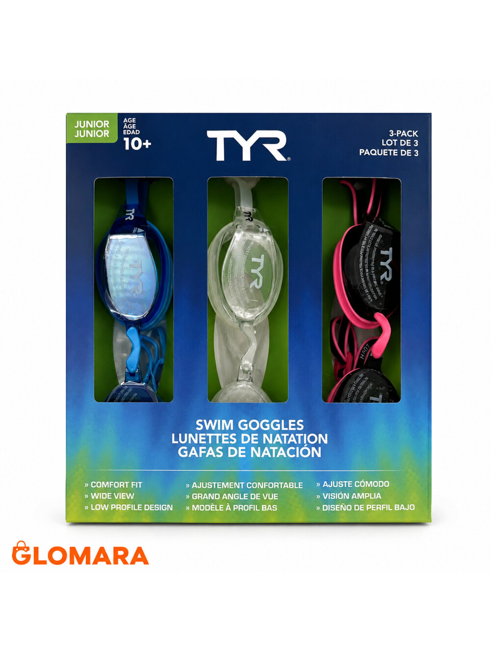 TYR Junior Swim Goggles 3 Pack Age 10+ UV Protection Blue Pink Clear